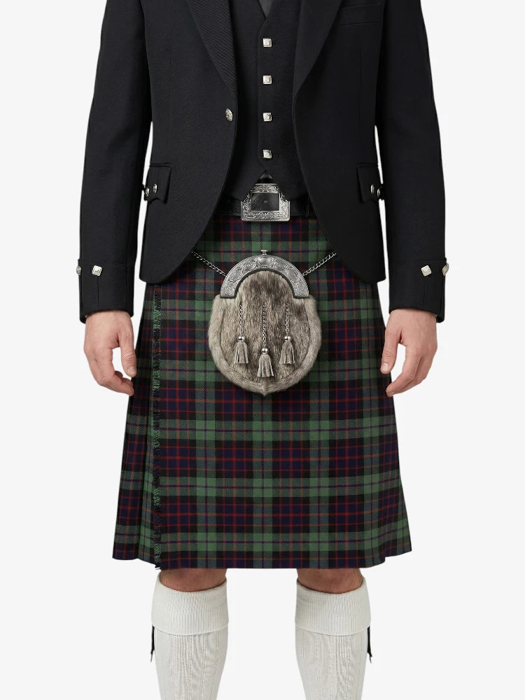 Traditional Scottish kilt with a tartan pattern worn by a person on a white background