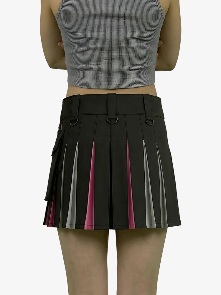 Black pleated skirt with pink accents worn by a person on a white background