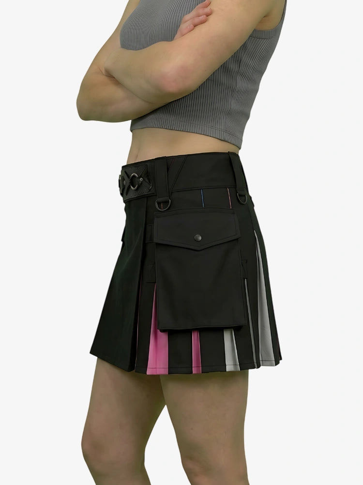 Person wearing a black kilt with pink accents on a white background