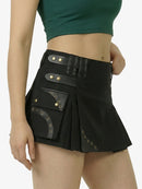 Black skirt with gold accents worn by a person on a white background