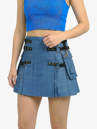 Blue skirt with black belt and gold buckles worn by a person on a white background