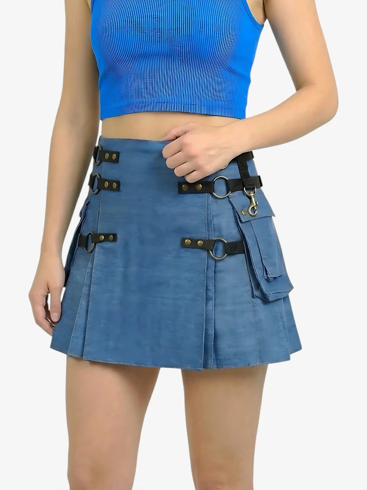 Blue skirt with black belt and gold buckles worn by a person on a white background