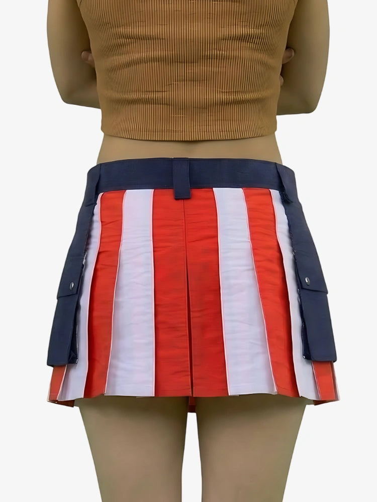 Person wearing a red, white, and blue striped skirt with navy accents on a plain background