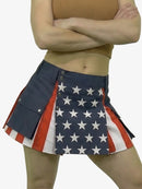 Person wearing a skirt with American flag pattern on a white background