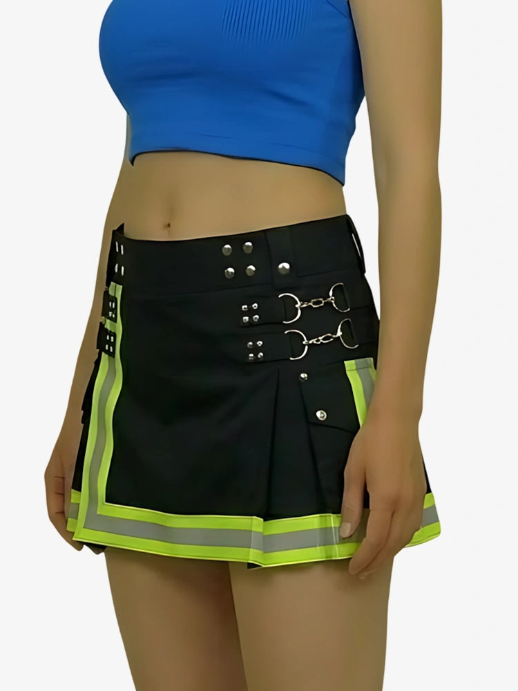 Black skirt with reflective yellow trim worn by a person on a white background