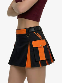 Black and orange skirt with a belt on a plain background