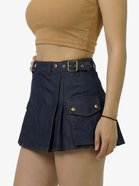 Navy blue skirt with gold buttons worn by a person on a white background