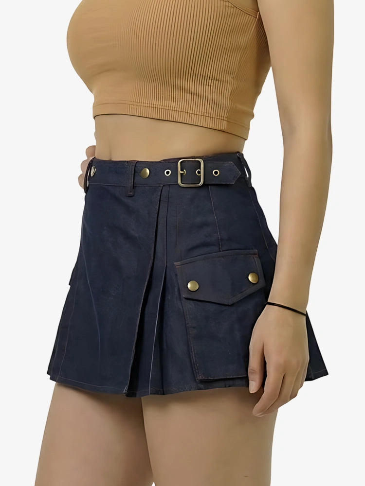 Navy blue skirt with gold buttons worn by a person on a white background
