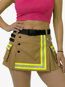Person wearing a brown skirt with reflective stripes and a pink top on a white background