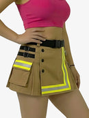 Person wearing a pink top and beige skirt with reflective yellow accents on a white background