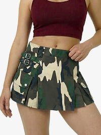 Camouflage skirt worn by a person on a white background