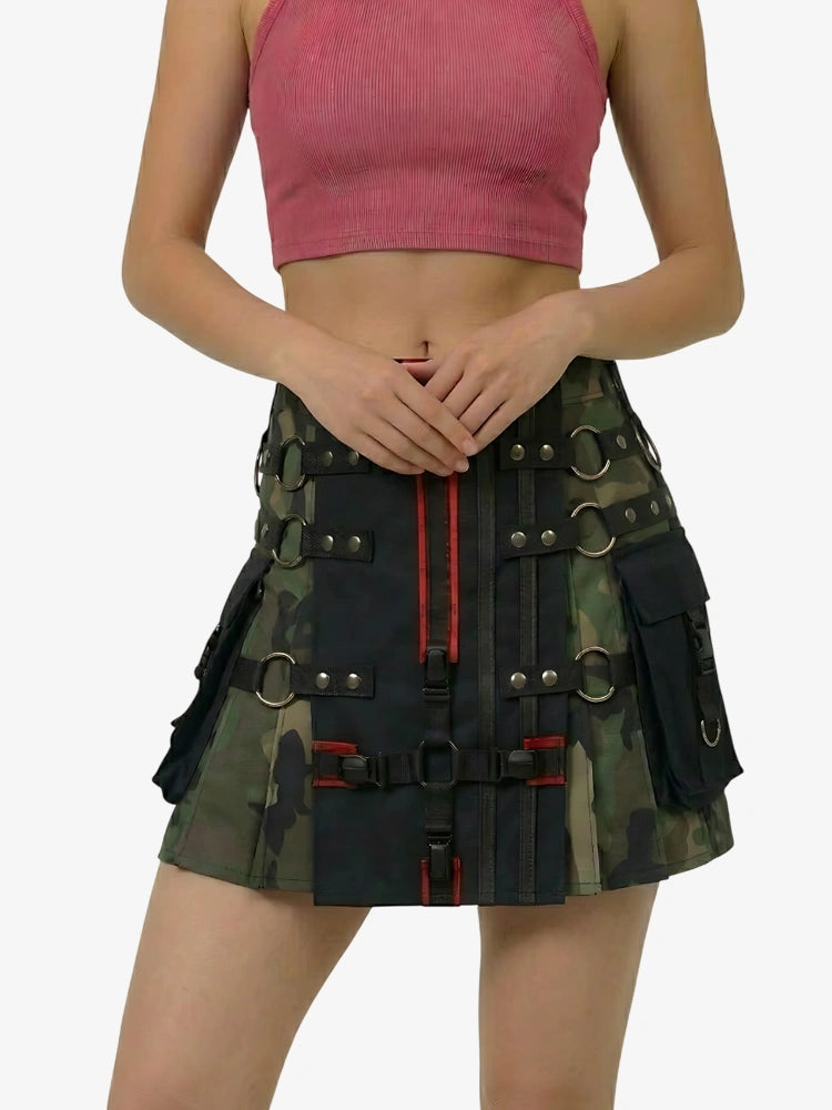 Person wearing a camouflage skirt with tactical design on a white background