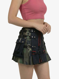 Person wearing a unique skirt with multiple layers and decorative elements on a white background