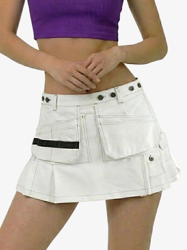 White skirt with black accents worn by a person on a white background