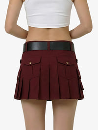 Maroon pleated skirt with a black belt worn by a person on a white background
