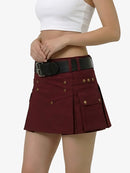 Maroon skirt with gold buttons and a black belt worn by a person on a white background