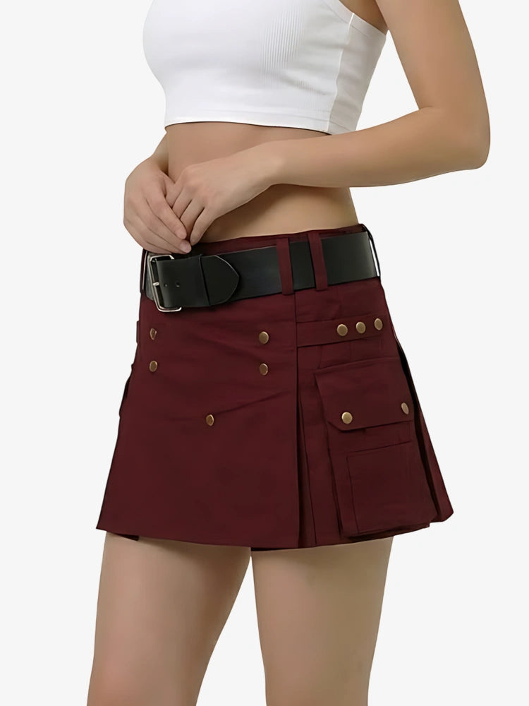 Maroon skirt with gold buttons and a black belt worn by a person on a white background