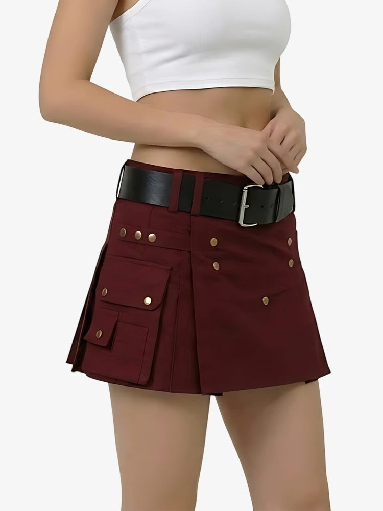 Maroon skirt with black belt and gold buttons on a white background