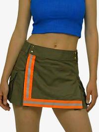 Green skirt with orange and reflective strip worn by a person on a white background