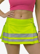 Person wearing a bright yellow skirt with reflective stripes on a plain background