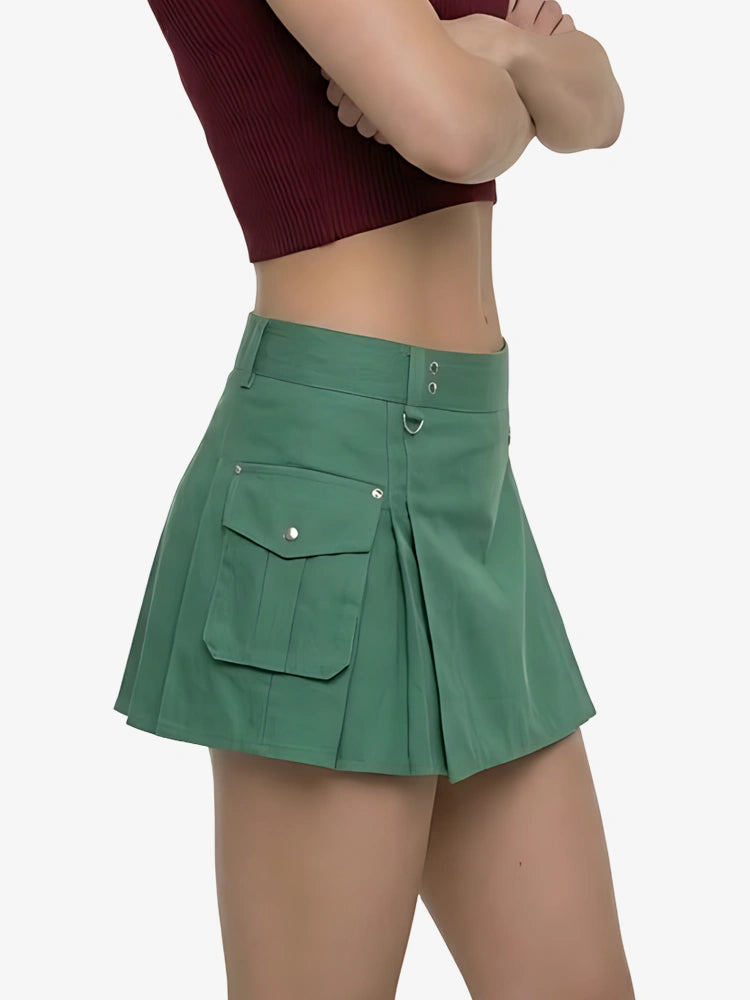 Green pleated skirt worn by a person on a white background