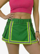 Green skirt with reflective stripes worn by a person on a white background