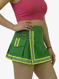 Green safety skirt with reflective stripes worn by a person on a white background