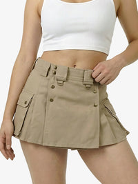 Beige skirt worn by a person on a white background