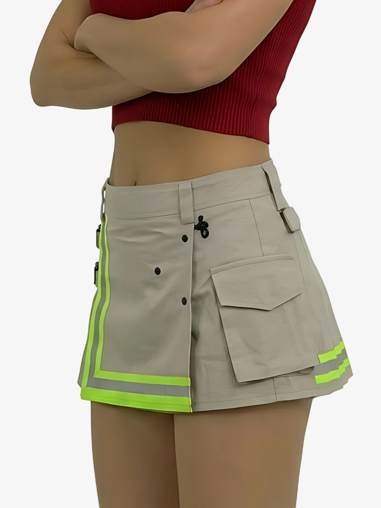 Person wearing a beige cargo skirt with reflective green stripes on a white background