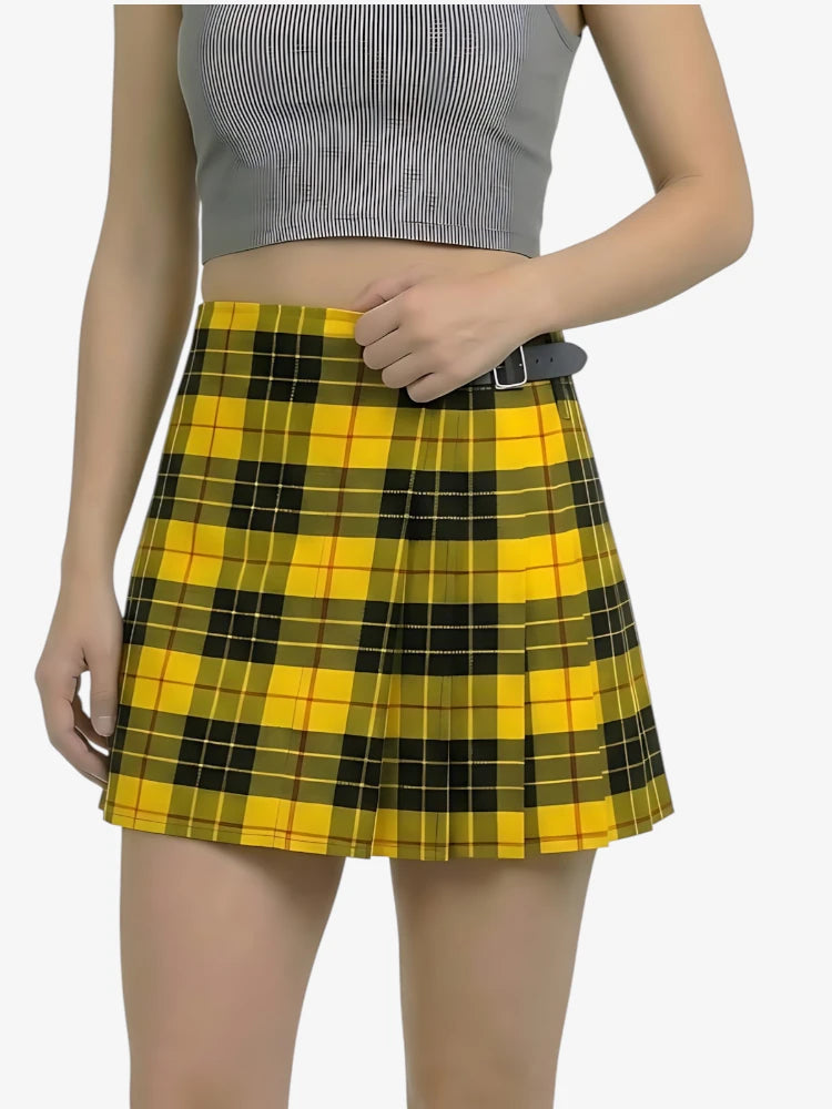 Person wearing a yellow plaid skirt on a white background