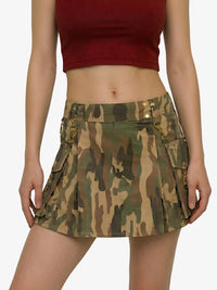 Camouflage skirt worn by a person on a white background