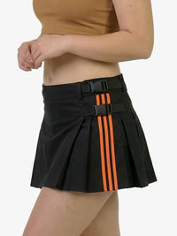 Black pleated skirt with orange stripes and a belt on a white background