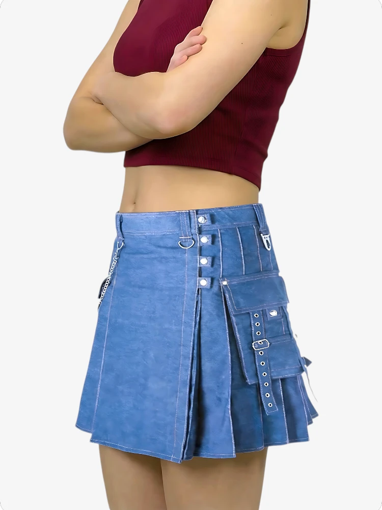 Person wearing a blue denim skirt with button details on a white background