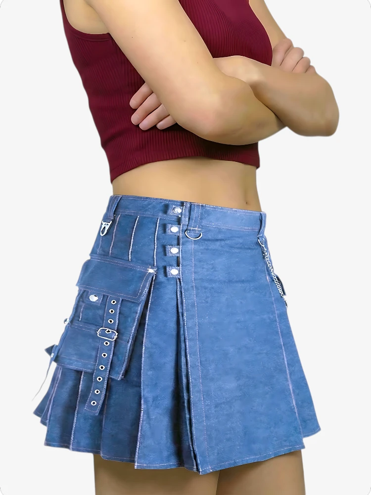 Blue denim skirt worn by a person on a white background
