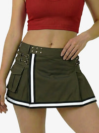 Person wearing a green skirt with white trim and a red top on a plain background