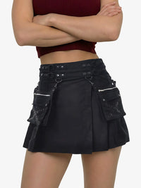 Black pleated skirt with unique design elements on a plain background