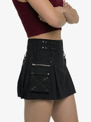 Black pleated skirt with unique design elements on a white background
