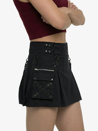 Black pleated skirt with unique design elements on a white background