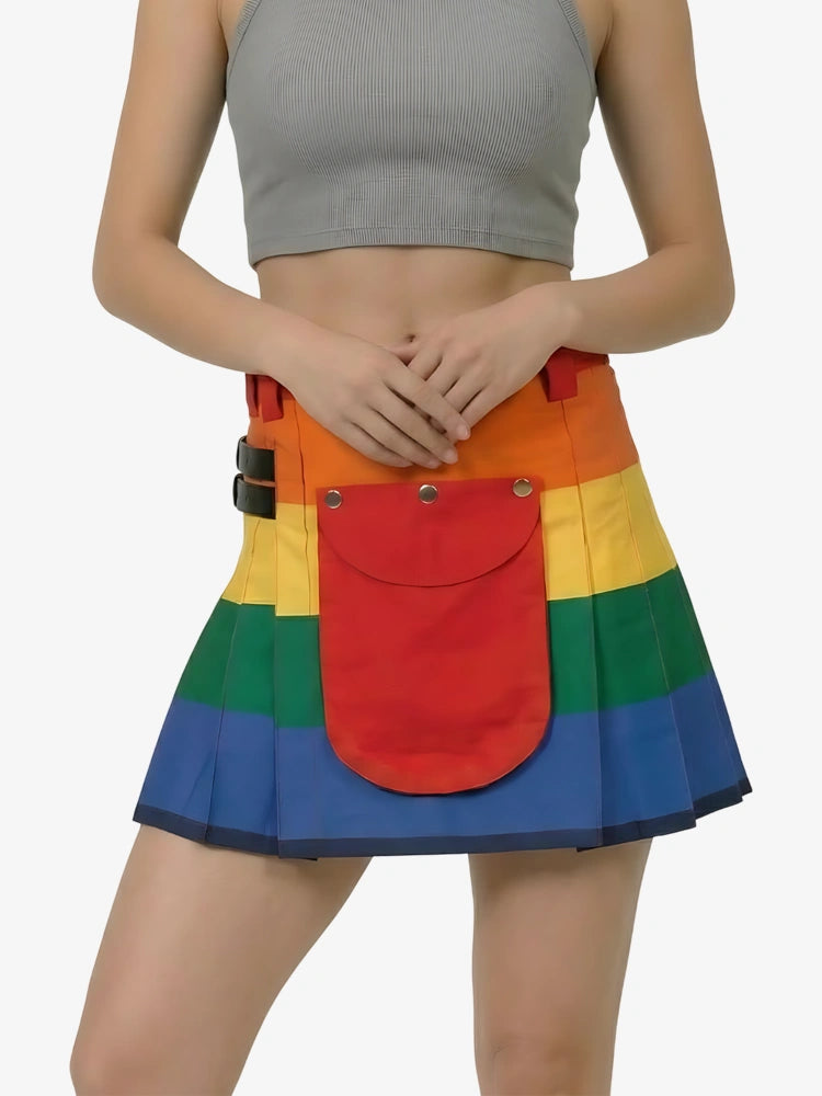 Women Rainbow Fashion Utility Kilt