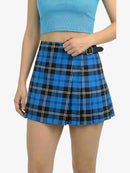 Person wearing a blue plaid skirt on a white background