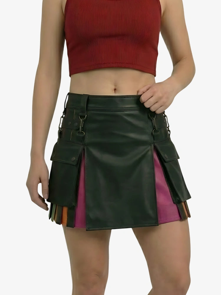 Women Red Pleats Rainbow Kilt
