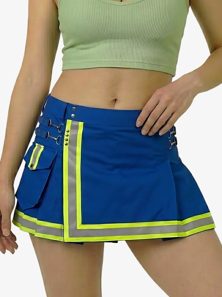 Person wearing a blue skirt with reflective stripes on a white background