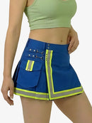 Blue safety skirt with reflective stripes worn by a person on a white background