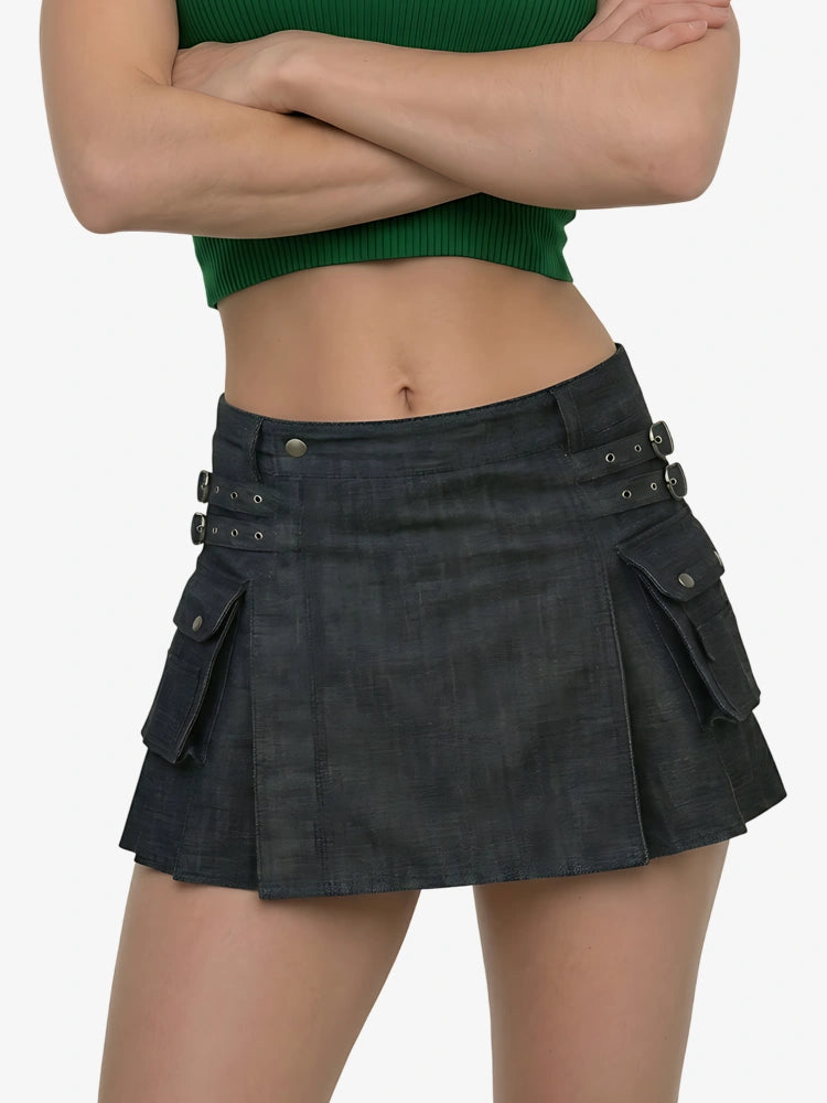 Women Scottish Black Denim Utility Kilt