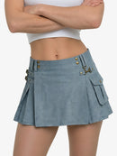 Blue pleated skirt with gold buttons on a white background