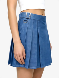 Blue pleated skirt with a belt on a white background