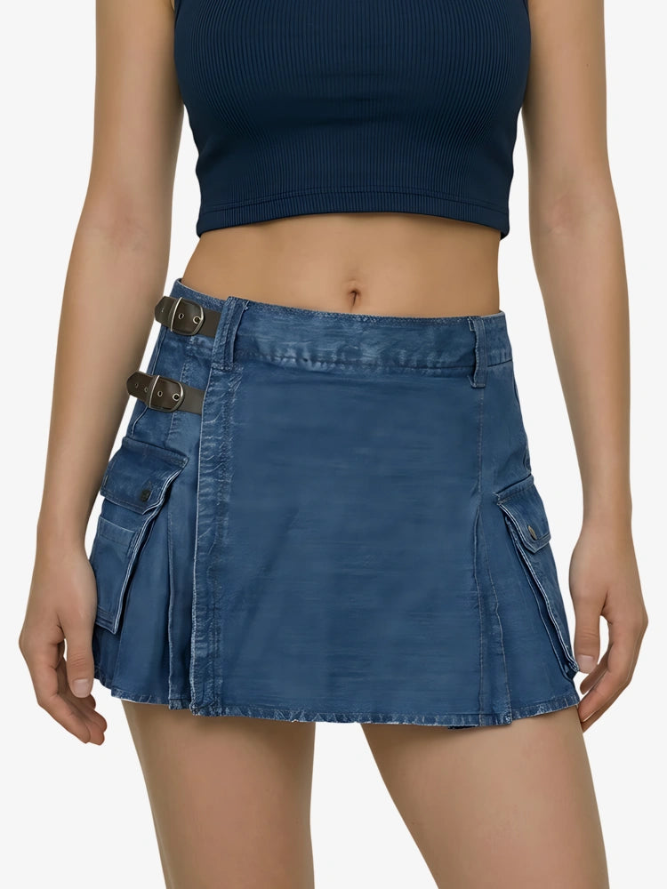 Women Stylish Blue Denim Utility Kilt