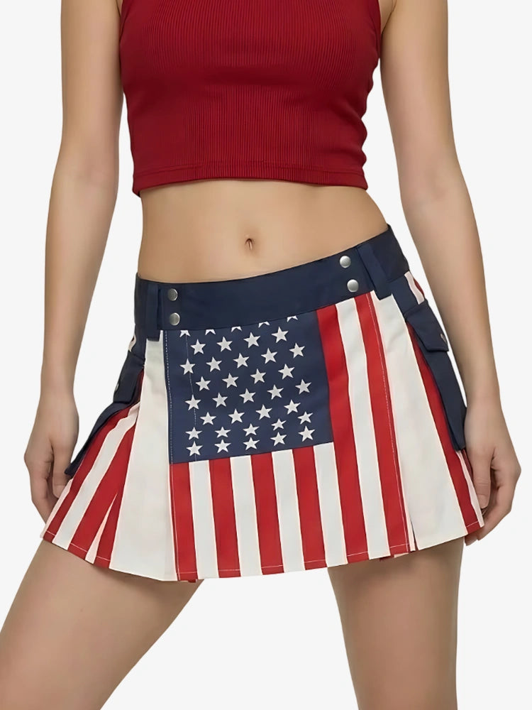 Person wearing a red, white, and blue American flag skirt on a plain background