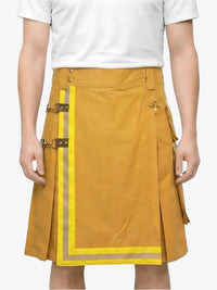 Mustard yellow skirt with gold accents worn by a person on a white background