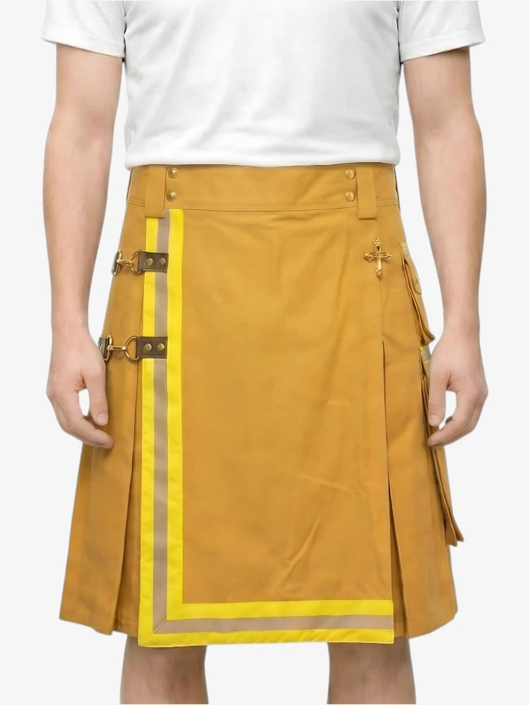 Mustard yellow skirt with gold accents worn by a person on a white background